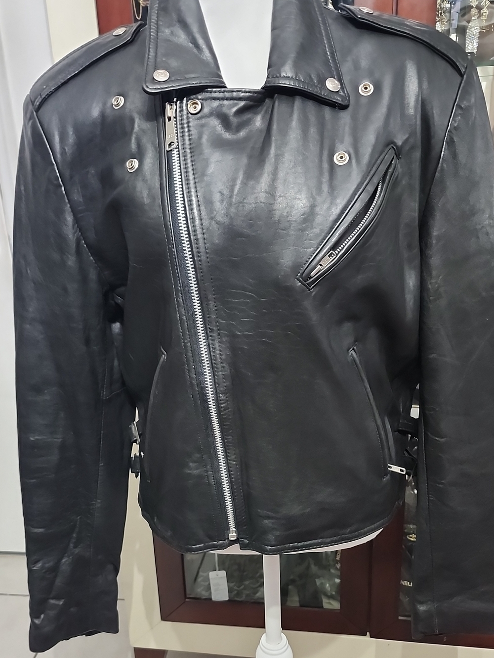Hard Rock Cafe Black Leather Bomber Jacket with Silver Hardware
